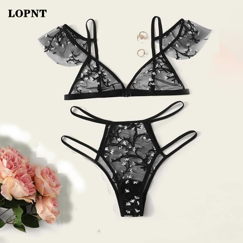 LOPNT Sexy underwear women set Floral Embroidery Sheer Mesh Lingerie Set  no bra  Backless Bralette sexi Intimates lace bra set ► Photo 1/6
