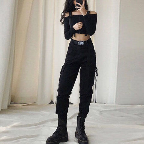 Streetwear Cargo Pants Women Fashion Casual Cool Punk Joggers Black High  Waist Loose Female Trouse…