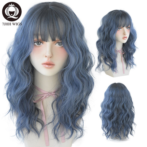 7JHH WIGS Blue Deep Wave Wig With Bangs For Women Long Omber Brown Hair Layered Heat Resistant Cosplay Party Synthetic Wig ► Photo 1/6