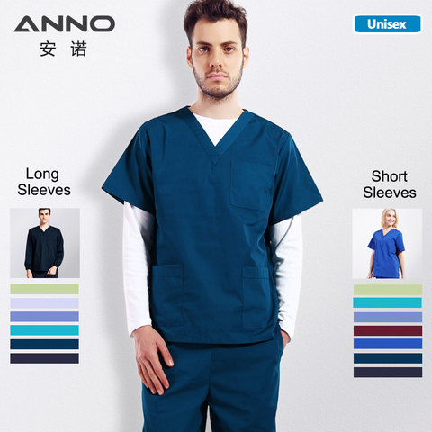 ANNO Solid Color Scrubs Set Work Cloths with Short/Long Sleeves Nursing Uniform Tops Trousers Nurse Suit Hospital Dress ► Photo 1/6