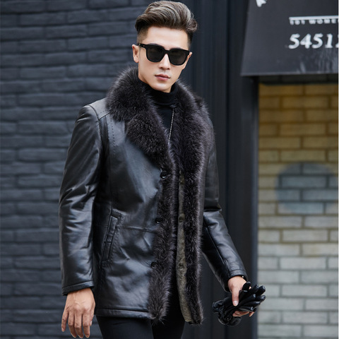 AYUNSUE Raccoon Dog Fur Collar Real Genuine Leather Jacket Men Wool Liner Tops Winter Men's Sheepskin Coat ZT5010 ► Photo 1/6