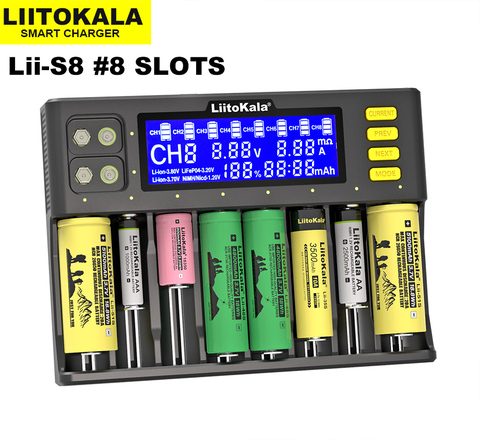 LiitoKala Lii-S8 LCD Battery Charger Li-ion 3.7V NiMH 1.2V Li-FePO4 3.2V IMR 3.8V for 18650 26650 21700 26700 18350 AA AAA 9V ► Photo 1/5
