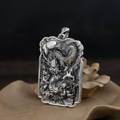 Sterling Silver 990 Vintage Auspicious Clouds Square Pendant for Men Carved Dragon Design Retro Punk Rock Pendant Male Jewelry ► Photo 1/6