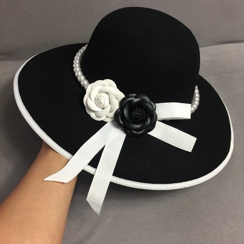 Formal Wide Brim White Black Flower Fedora Hat Pearls Band 100% Wool Felt Floppy Ladies Wedding Church Hat Porkpie Trilby Hat ► Photo 1/6