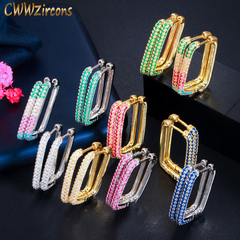 CWWZircons Unique Design Rectangular Geometric Gold Color Green Blue Cubic Zirconia Big Huggie Hoop Earrings for Women CZ830 ► Photo 1/6
