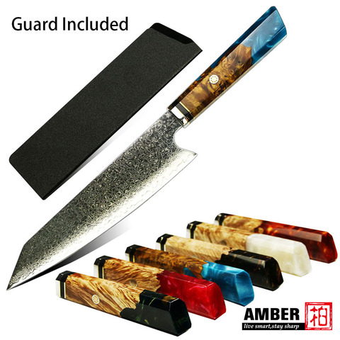 AMBER Chef's Nakiri Knife 67 Layers Japanese Damascus Steel Chef Knife 8 Inch Damascus Kiritsuke Knife  Resin Solidified Wood HD ► Photo 1/6