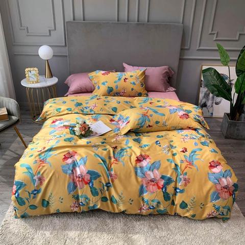 Svetanya Pink Flowers Yellow Nordic Egyptian Cotton Bedding Set Queen King Size Bedlinens Fitted Sheet Duvet Cover Set ► Photo 1/6