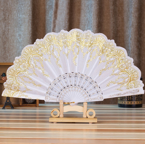 Chinese Style Dance Wedding Party Lace Silk Folding Hand Held Flower Fan Gift 