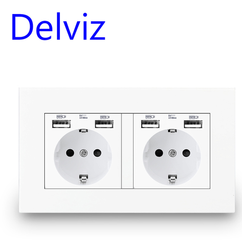 Delviz EU Standard USB socket, 16A Power Outlet,Power panel Four usb interface German type socket,Double frame Wall 4 USB Outlet ► Photo 1/4