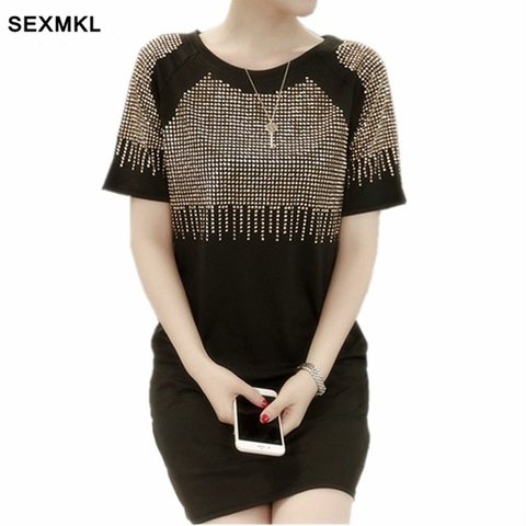 Women Summer Dresses 2022 Fashion Casual Short Sleeve Vestidos Sexy Rivet Diamonds Dress Shirt Loose Black Dress Plus Size XXXL ► Photo 1/6