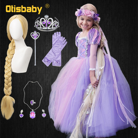 High Quality Girl Rapunzel Wig + Princess Dress Halloween Child Sleeping Beauty Cosplay Sofia Tulle Tutu Ball Gown Kids Clothing ► Photo 1/6