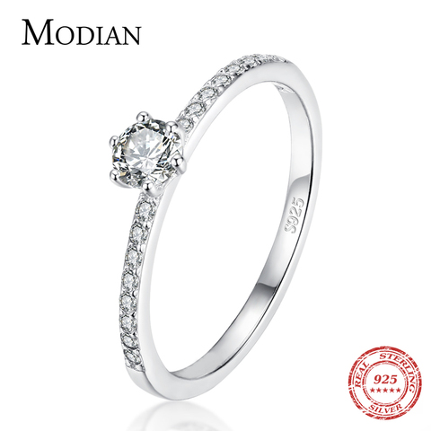 Modian Solid 925 Sterling Silver Simple Round Clear CZ Finger Rings For Women & Girls Cassic Wedding Statement Fine Jewelry Gift ► Photo 1/6