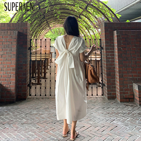 SuperAen Summer New 2022 Long Dress Women Solid Color Cotton Korean Style Ladies Dress Short Sleeve Women Clothing ► Photo 1/6