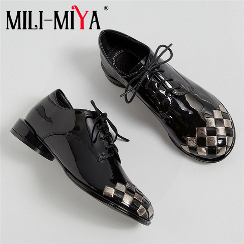 MILI-MIYA Fashion Mixed Color Round Toe Women Patent Leather Pumps Lace Up Comfortable Low Thick Heels Casual Shoes Size 34-40 ► Photo 1/5