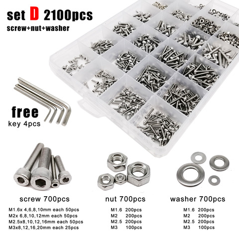 400/2100pcs M1.6 M2 M2.5 M3 M4 M5 304 Stainless Steel Allen Hexagon Hex Socket Cap Head Screw Bolt Nut Washer Set Assortment Kit ► Photo 1/6