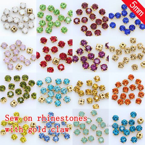 100p 5mm color Sew on Round faceted crystal glass Rhinestone jewels Gold Claw Montees 4-hole Sewing Stone DIY shoes Bag clothes ► Photo 1/6