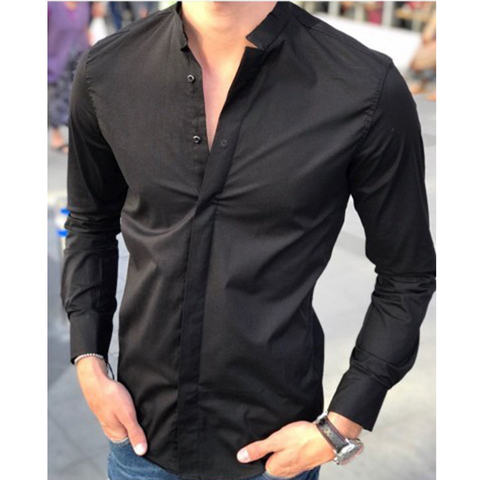 Hot Stand Collar Men's Solid Color Slim Long Sleeve Blouse Tops ► Photo 1/4