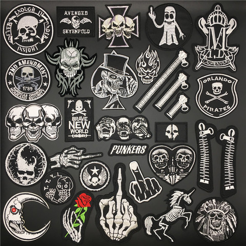 Skull Patches for Clothing Punk Biker Embroidered Badges Iron On Stripes Appliques  Jacket Jeans Clothes Stickers Diy Decorative ► Photo 1/6