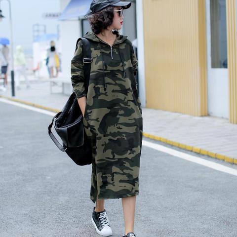 Autumn Basic Hooded Dress Sweatshirts Women Korean Fashion Camouflage Hoodies New Long Outwear Plus Size Split Casual Pullovers ► Photo 1/6