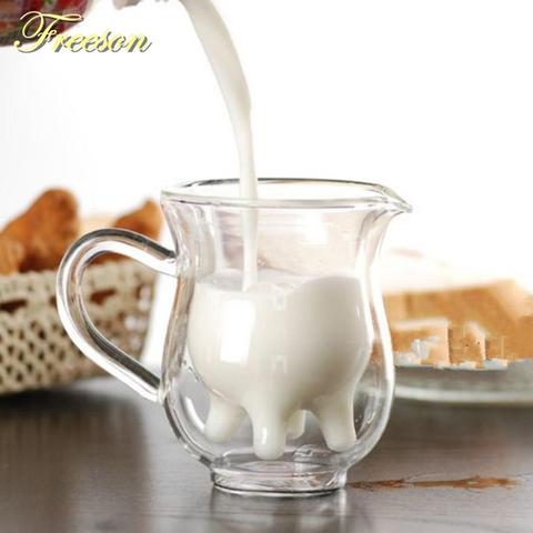 Cute Cow Double Layer Glass Mug Milk Juice Coffee 250ml Creamer Cup with Handle cute glass cup coffee glass  double layer glass ► Photo 1/6