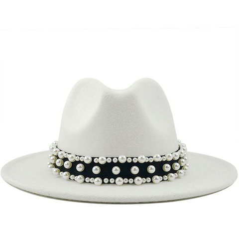 2022 Hot Men Women Wide Brim Wool Felt Fedora Panama Hat Pearl belt Jazz Trilby Cap Party Formal Top Hat In White,black ► Photo 1/6