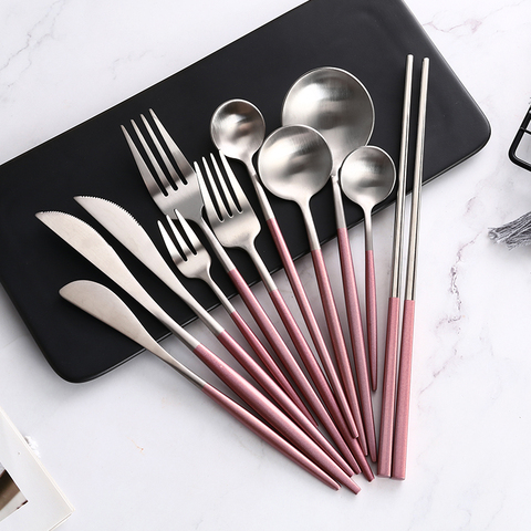 Pink Silver Stainless Steel Western Tableware Steak Knife Fork Coffee Spoon Teaspoon Butter Knives Chopstick Gold Cutlery Set ► Photo 1/6
