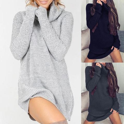 Chic Sweater Dress Women Solid Color Turtleneck Long Sleeve Casual Loose Knitted Sweater Dress Gray Clothes Solid Dresses Autumn ► Photo 1/6