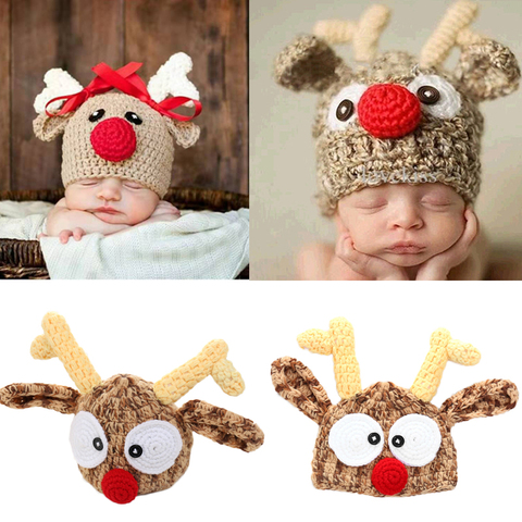 Christmas Baby Hat Adorable Reindeer Hand Crochet Beanie Newborn Boy Girl Knitting Hats Photo Props Knitted Bonnet Xmas Santa ► Photo 1/6