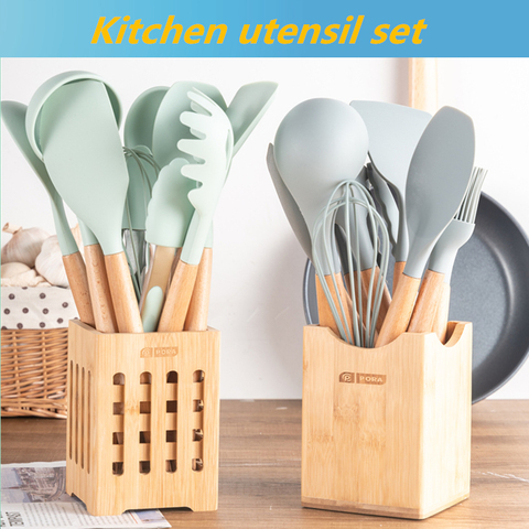 11pcs Silicone Cooking Utensil & 1pc Storage Bucket,kitchen Utensil Set,  Silicone Cookware Set, Silicone Kitchen Utensil Set, Wooden Cooking Utensils