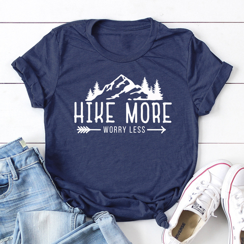 Hike More Worry Less T-shirt Casual Unisex Short Sleeve Graphic Hiking Outdoors Tees Tops Funny Women Summer Camping Tshirt ► Photo 1/6