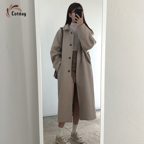 Cotday Cashmere Gray Hot Sale 2022 Long Fall Female Winter Warm Korean Coats Wool Blend Elegant Coat New Woman Overcoat ► Photo 1/6