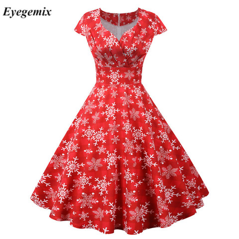 Red Christmas Party Dress Women 2022 Short Sleeve V Neck Elegant Vintage Print Xmas New Year Prom Sundress Plus Size 3XL Robe ► Photo 1/6