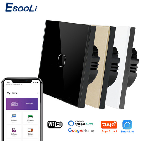 EsooLi Tuya Smart Life Glass Panel EU/UK Standard Touch Switch Zero/Single Fire Line Voice Control Light Wireless Wall Switch ► Photo 1/6