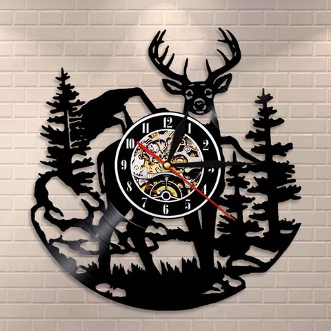 Birch Tree Forest Deer Wall Art Woodlands Buck Wall Decor Vinyl Record Clock Mancave Hunting Club Animals Vintage Wall Clock ► Photo 1/6