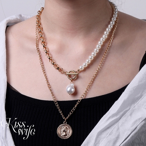 Fashion Hip Hop Baroque Pearl Medallion Coin Pendant Necklace Women Fashion Multi Layered Chain Necklace Choker Punk Jewelry ► Photo 1/5