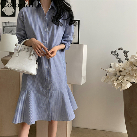 Colorfaith New 2022 Women Summer Autumn Dresses Casual Striped Ruffles Trumpet Oversize Buttons Wrist Long Shirt Dress DR8071 ► Photo 1/6