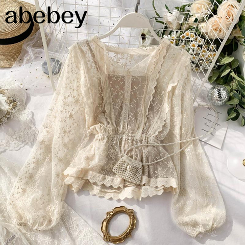 autumn lace blouse shirt ladies French retro palace lantern sleeves lotus leaf lace shirts 2022 ► Photo 1/6