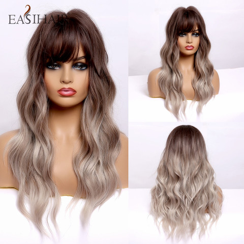 EASIHAIR Medium Length Brown to Blonde Ombre Synthetic Wigs Women Natural Hair Wigs with Bangs Wavy Heat Resistant Cosplay Wig ► Photo 1/6