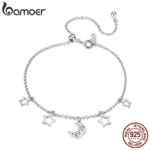 BAMOER Fashion New 925 Sterling Silver Moon And Star Chain Link Bangles Bracelets for Women Sterling Silver Jewelry SCB107 ► Photo 1/6