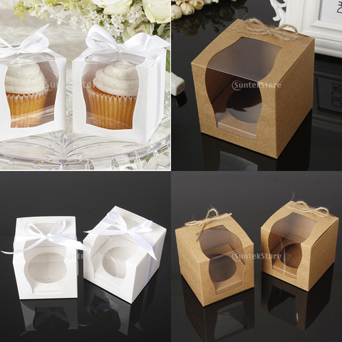 12pcs Vintage Paper Cake Cupcake Box Bakery Box With Window Paper with Rope Birthday Wedding Favor Gift Mini Box Packaging ► Photo 1/6