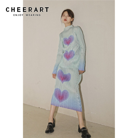 CHEERART Gradient Heart Print Long Sleeve Top And Blouse Women Turtleneck Ruched Green Ladies Tops Korean Fashion Spring 2022 ► Photo 1/6