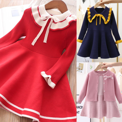 New girl baby sweater knitted dress  children warm Sweater dress for girls infant casual pure color Pleated princess dress ► Photo 1/6