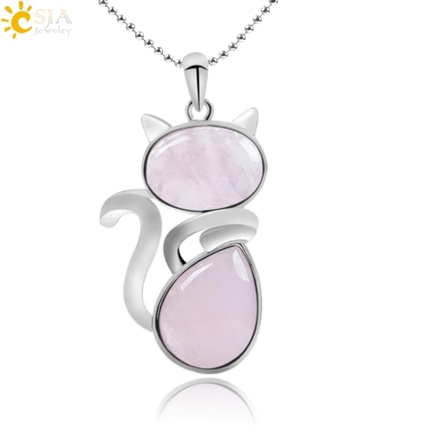 CSJA Reiki Natural Stone Necklaces Pink Quartz Pendants for Women Girl Cute Cat Shape Rock Black Onyx Beads Chain Jewelry F066 ► Photo 1/6