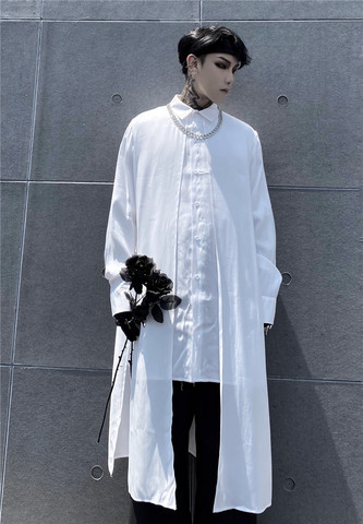 Yamamoto dark mid-length windbreaker shirt male  fake two loose wild pure black long-sleeved shirt jacket ► Photo 1/6