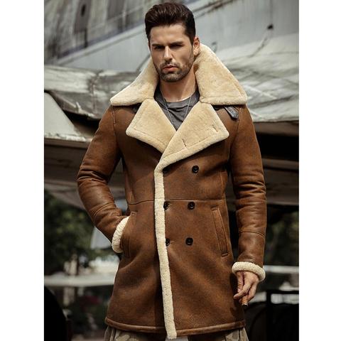 Mens Brown Shearling Jacket B3 Flight Jacket Sheepskin Aviator Long Mens Winter Coats Fur Bomber Leather Jacket Trench Coat ► Photo 1/6