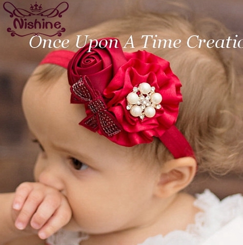 Nishine 1PCS New Girls Flower Headband Rose Bow Pearl Elastic Hairbands Hair Accessories Children Headwear ► Photo 1/6