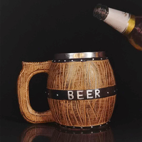 580ml Oak Barrel Style Beer Mug Simulation Wooden Barrel Beer Cup Double Wall Drinking Mug Metal Insulated as Christmas Gift ► Photo 1/6