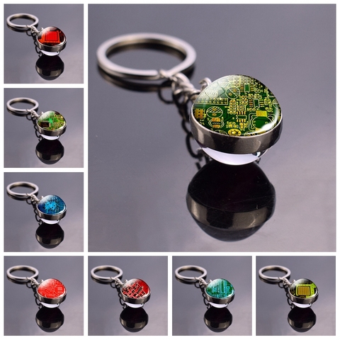 Circuit Board Picture Glass Ball Keychain Computer Geek Pendant Key Chain Metal Key Ring Nerd Geek Gift ► Photo 1/6