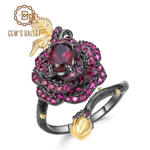 GEM'S BALLET 1.00Ct Natural Rhodolite Garnet Rose Flower Ring 925 Sterling Silver Handmade Adjustable Open Ring for Women Bijoux ► Photo 1/6