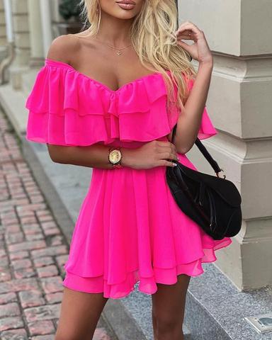 Elegant Off Shoulder Ruffle Fit Flare Dress Women Solid Casual Dress Summer Dress Mini Elegant Dress ► Photo 1/5